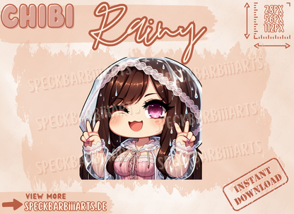 Chibi Chubby Anime | Rainiy - PEACE | Twitch Discord TikTok Kick | Emote | Braune Haare und Augen | Cute Kawaii |