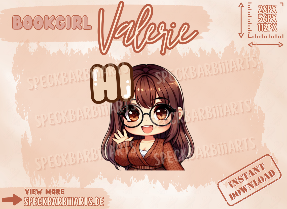 Chibi Chubby Bookgirl | Valerie - Hi | Twitch Discord TikTok Kick | Emote | Braune Haare und Augen | Cute Kawaii |