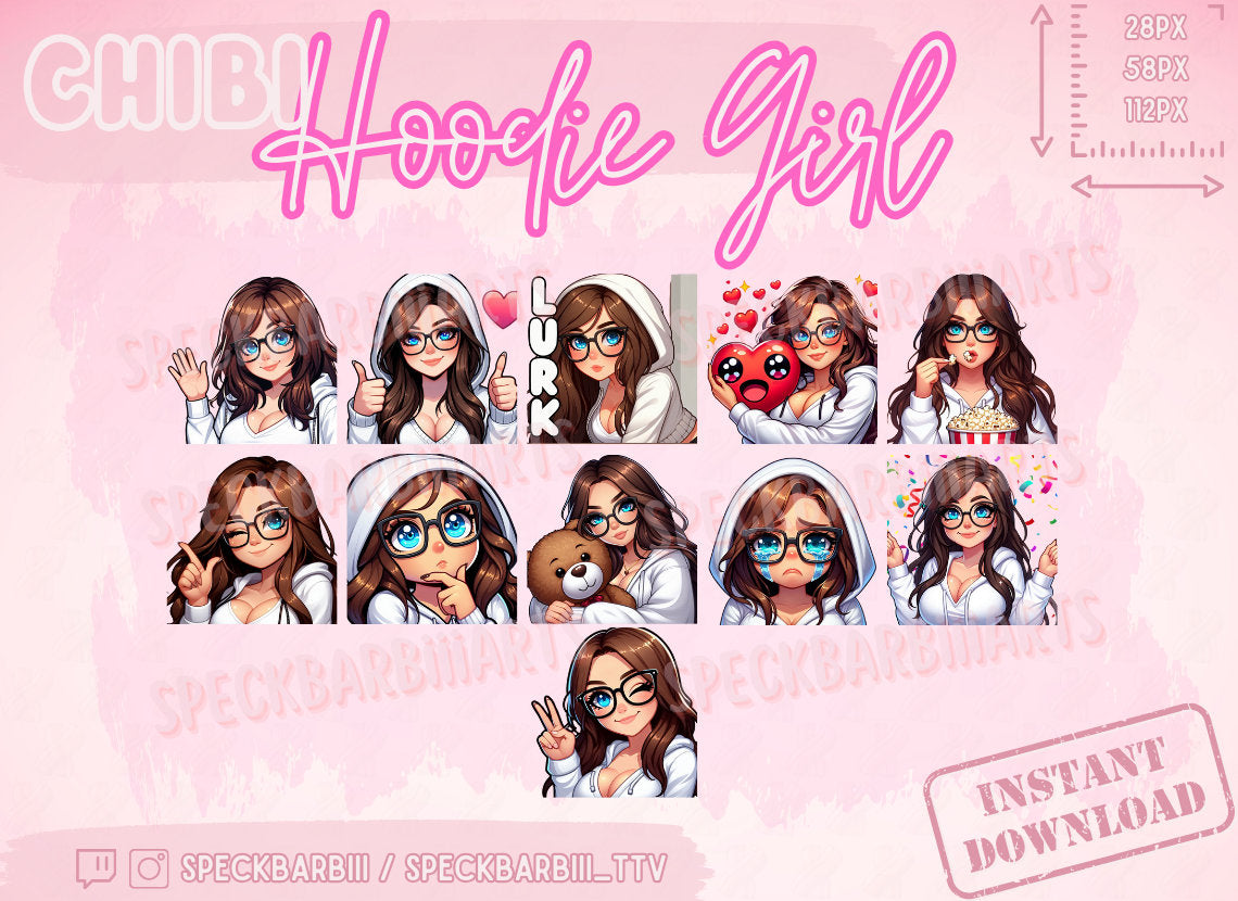 Chibi Girl - Brown Hair, Glasses | 11 Emote Bundle | Twitch | Discord | Fat | Dick | Blue eyes |