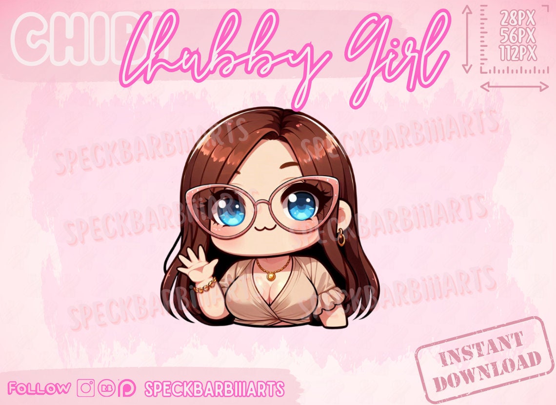 Chibi Chubby Girl | Brown Hair, Glasses | HI - EMOTE | Twitch, Discord, Youtube